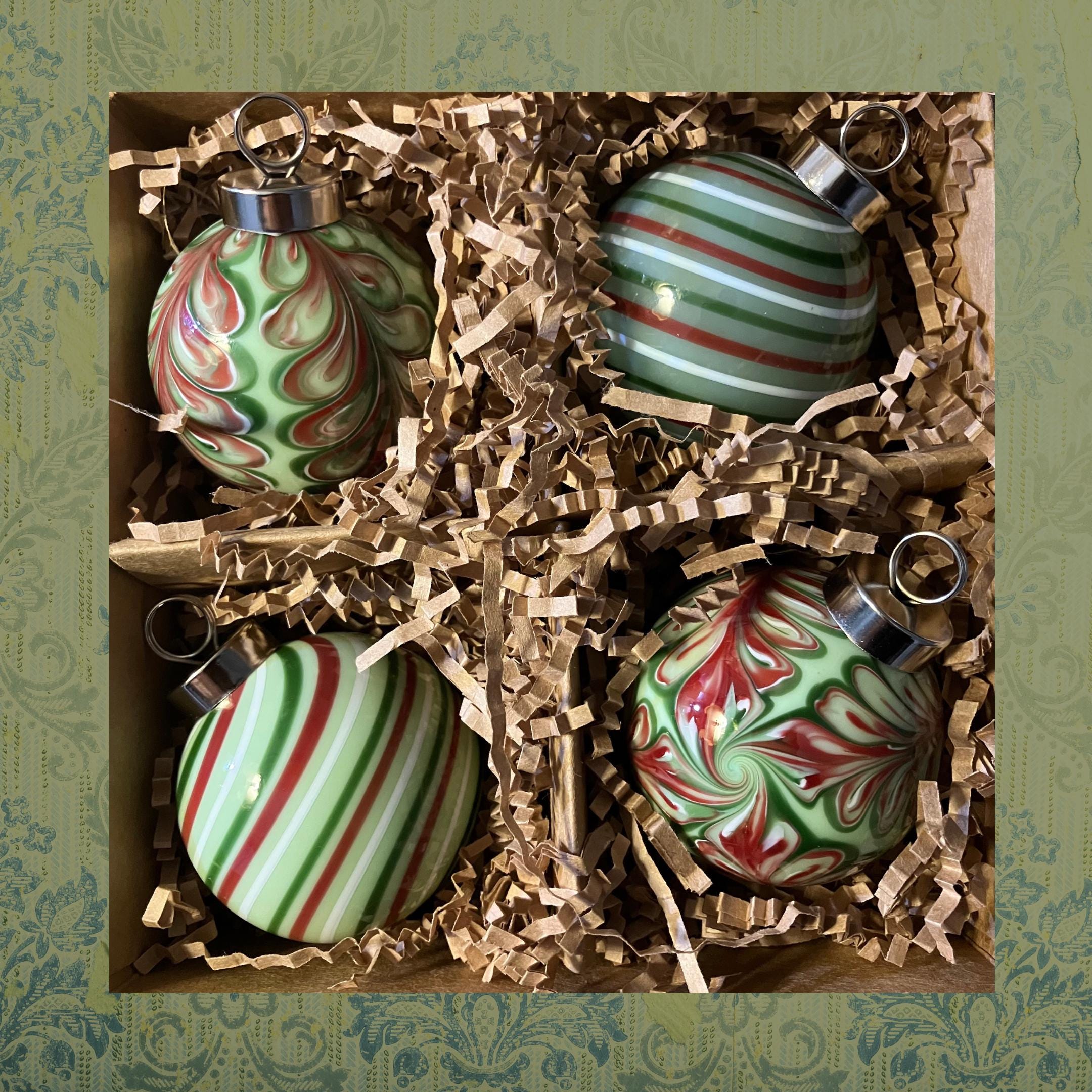 Petite Handblown Glass Festive Ornaments Set of 4 - Perfect Holiday Gift!
